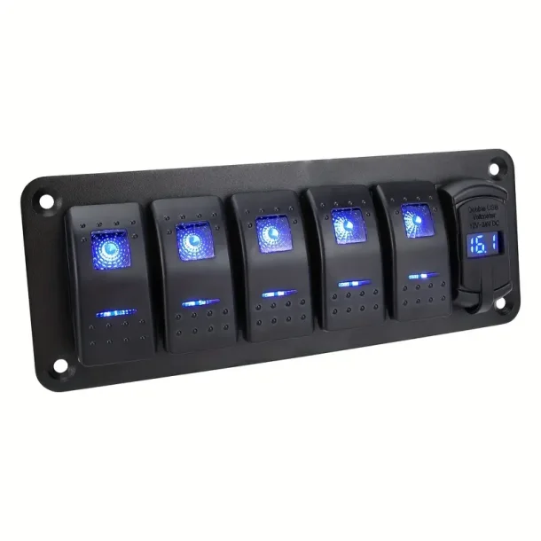 7-bryter Bryter Aluminiumspanel med Voltmeter &amp; Dobbelt USB (4.2 Amps) Hurtiglading