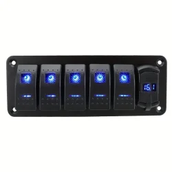 7-bryter Bryter Aluminiumspanel med Voltmeter &amp; Dobbelt USB (4.2 Amps) Hurtiglading