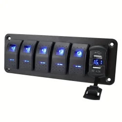 7-bryter Bryter Aluminiumspanel med Voltmeter &amp; Dobbelt USB (4.2 Amps) Hurtiglading