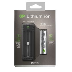 GP Li-ion batterilader, L111, inkl. 1 stk. 18650-batteri
