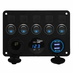 5-gangs bryterpanel med bl LED og innbygd sikring for bobil, bil, bt, digitalt voltmeter og 12V/24