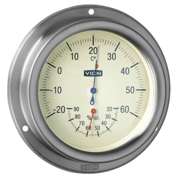 Termo/hygrometer 129mm Rustfritt Stl Diameter base: 129 mm Diameter skive: 106 mm Hyde: 40 mm