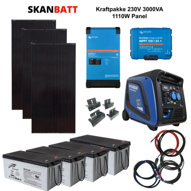  VICTRON Kraftpakke 230V 3000VA - 1110W (3x370W) Solceller - Med AGM Batterier og HYUNDAI Aggregat 3