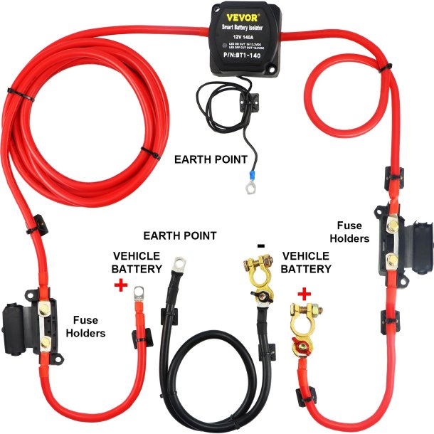 VEVOR Split Charge Relay Kit, 4mtr 12V, Automatisk Dual Battery Isolator Kit 